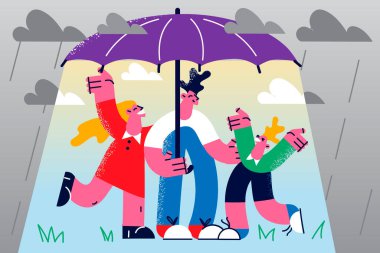 Happy family with child stand under umbrella