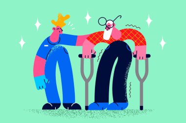 Caregiver help old man walking on crutches 