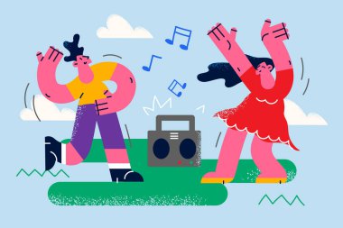 Happy friends dance listen to music on stereo