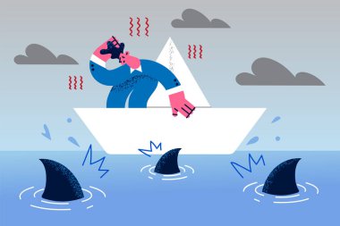Businessman on paper boat surrounded by sharks 