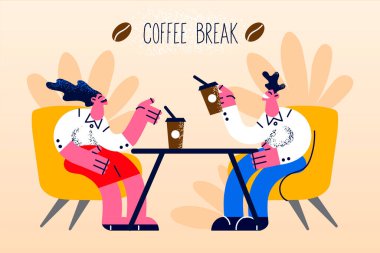 Smiling colleagues having coffee break in cafe