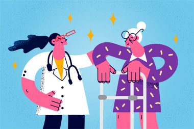 Caring doctor help old woman on crutches in clinic 