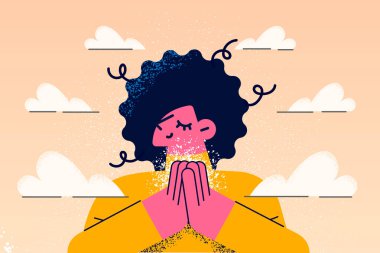 Calm woman with hands in prayer show gratitude 