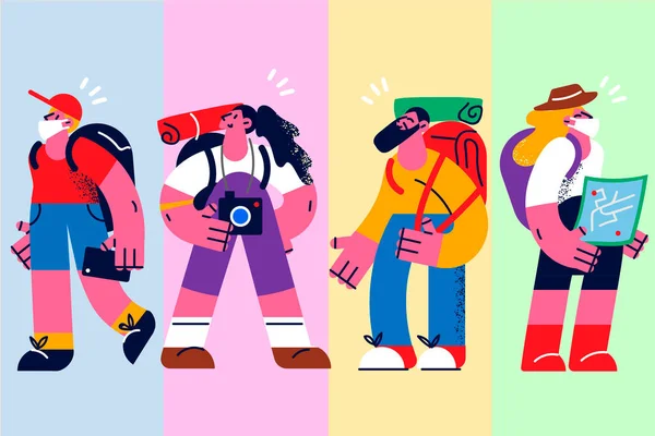 Diverse travelers with backpacks ready for trip — Vector de stock