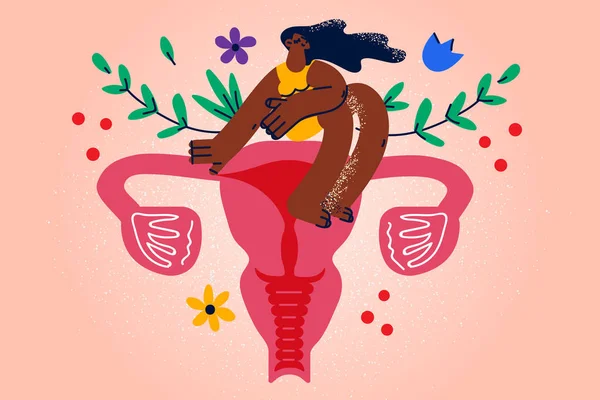 Woman sit on uterus with flowers — 图库矢量图片