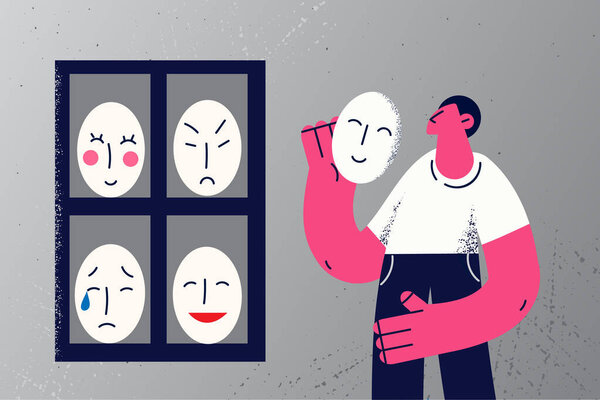 Man take mask from shelf change emotions 