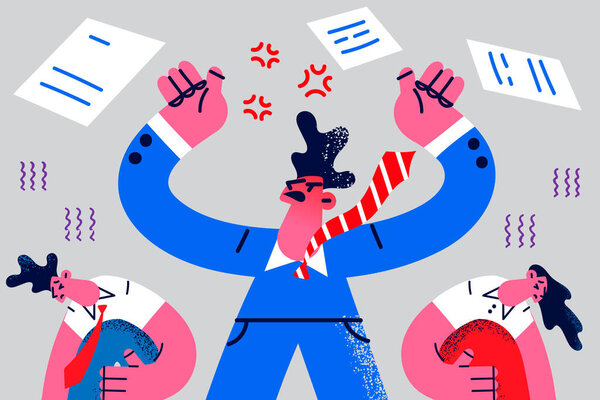 Furious boss shout lecture stressed employees 