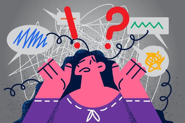Mujer confundida tienen lío en la cabeza lucha con la ansiedad — Vector de stock