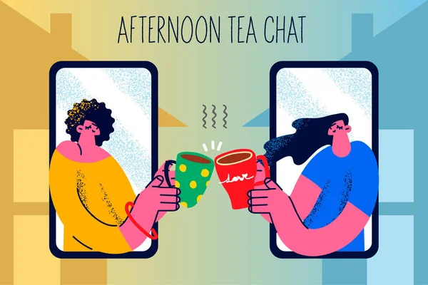 Happy women drink tea on online meeting on cell — Stock Vector