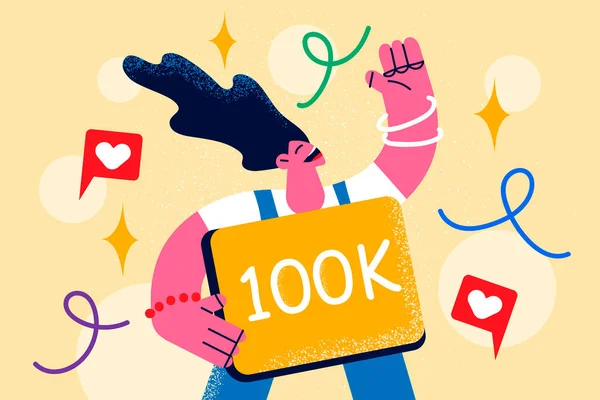 Happy influencer celebrate followers growth on social media — Wektor stockowy