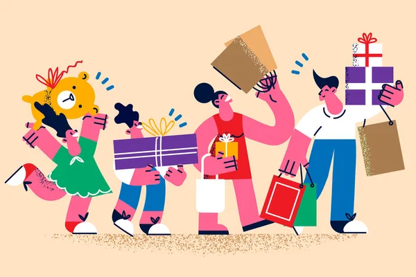 Щаслива сім'я з дітьми веселі покупки на продаж — стоковий вектор