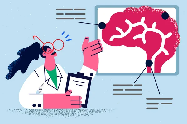 Neurologista sorridente faz apresentação sobre o cérebro —  Vetores de Stock