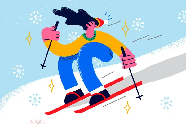 Boldog lány síelés a téli szünidőben a hegyekben Stock Illusztrációk