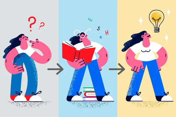 Fiatal nő megtalálja a megoldást olvasni könyveket az önképzés — Stock Vector