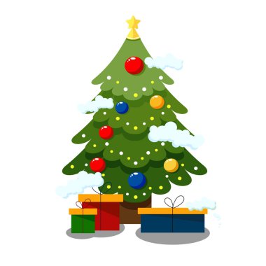 Noel ağacı, süslemeler ve hediye kutuları. Tatil geçmişi. Mutlu Noeller ve mutlu yıllar. Vektör çizimi. Renkli Noel ağacı ve hediye taşıyıcısı. Noel ağacı vektörü.