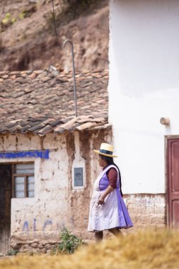 Urubamba, Cuzco - Peru - 5 Eylül 2021: Peru 'daki Andean Villa' da yürüyen bir kadının resmi. Peru And Dağları 'nda geleneksel bir kırsal kadın manzarası.