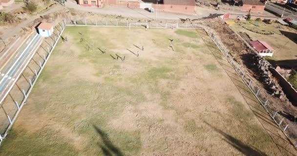 ペルーアンデスの真ん中にあるサッカー場の空中ビデオ 田舎でサッカーをしている子供たち — ストック動画