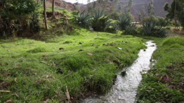 Cusco Peru 'daki su kanalı videosu. Tarım için su altyapısı.