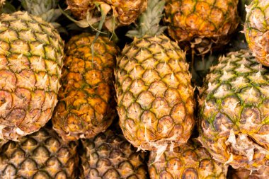 Pazarda taze organik ananaslar. Peru And Dağları 'ndan tropik meyve.