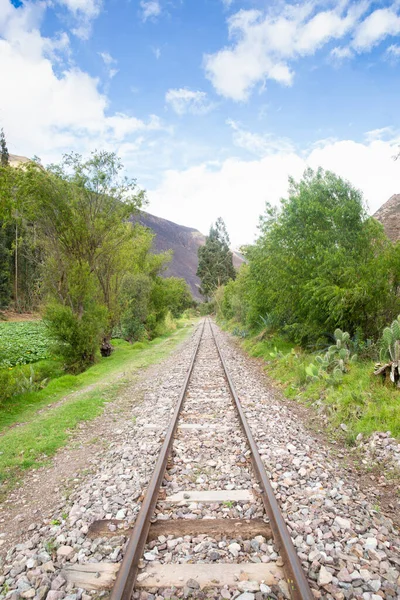 Peru And Dağları 'nın kırsal kesimlerinde demiryolu rayları var. Peru 'nun kutsal vadisinde kırsal bir manzara..