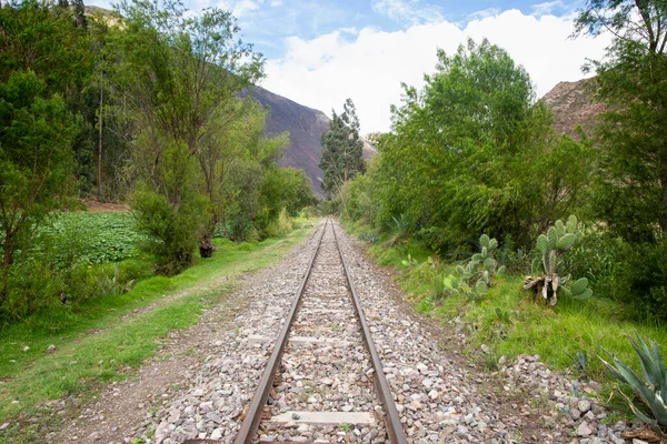 Peru And Dağları 'nın kırsal kesimlerinde demiryolu rayları var. Peru 'nun kutsal vadisinde kırsal bir manzara..