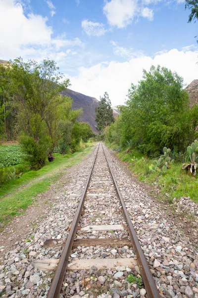 Peru And Dağları 'nın kırsal kesimlerinde demiryolu rayları var. Peru 'nun kutsal vadisinde kırsal bir manzara..