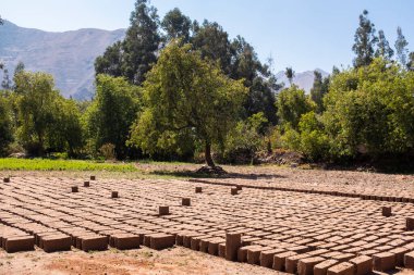Peru And Dağları 'nda çamurdan yapılmış Adobe tuğlaları. Ev yapımı için malzeme.