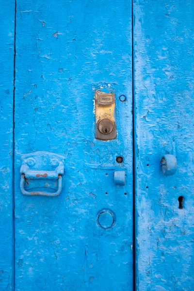 Blaue Holztür Mit Altem Schloss Peru Traditionelle Tür Andenhäusern — Stockfoto