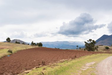And Dağları 'ndaki Peru kırsalında kırsal bir yol. Cusco 'daki And kırsal arazisi.
