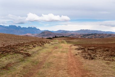 And Dağları 'ndaki Peru kırsalında kırsal bir yol. Cusco 'daki And kırsal arazisi.
