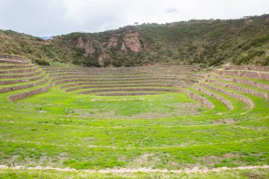 Cusco Peru 'da Moray arkeolojik alanı. İnkalar tarafından yapılan tarım laboratuvarı..