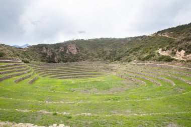 Cusco Peru 'da Moray arkeolojik alanı. İnkalar tarafından yapılan tarım laboratuvarı..