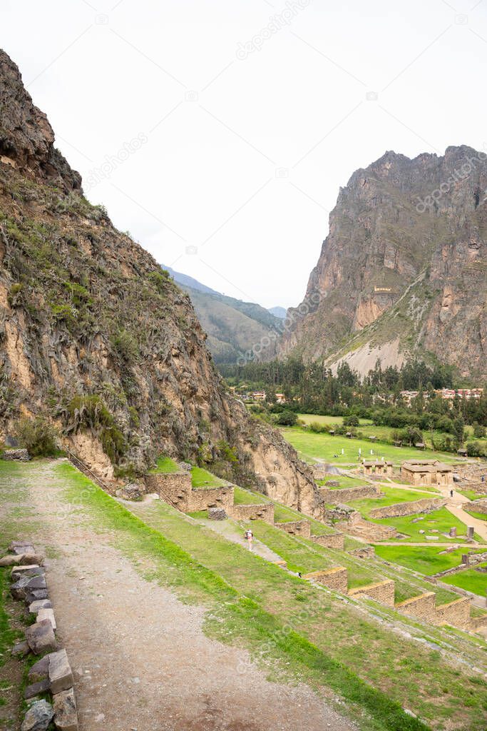 Ollantaytambo, a fortress and city of Incas in Cusco Peru. Ancient building in Sacred Valley in Peruvian Andes.