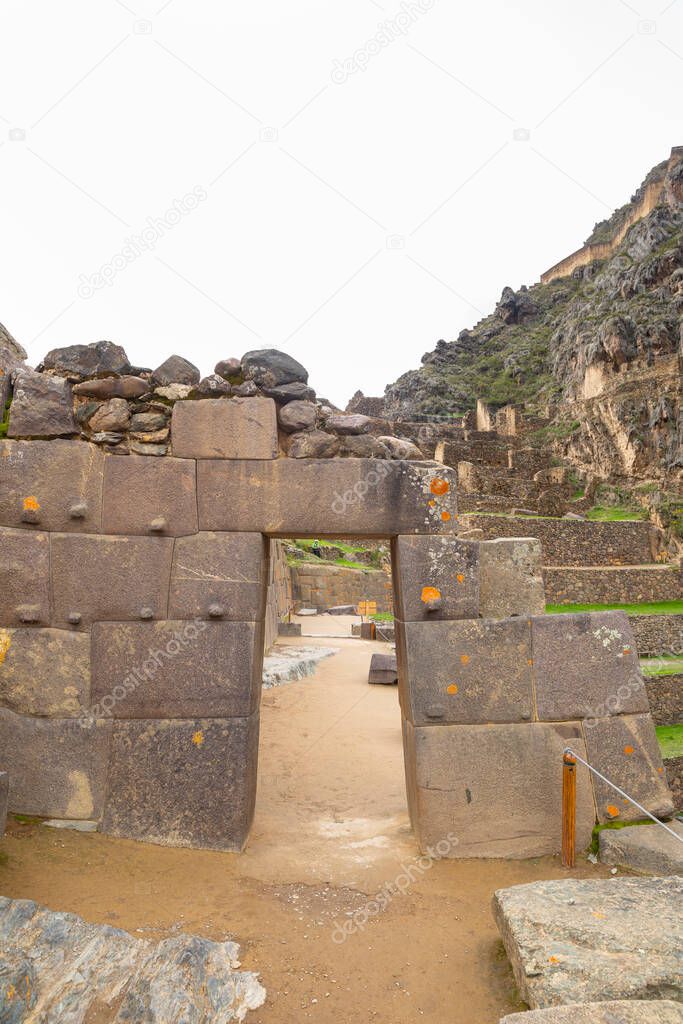 Ollantaytambo, a fortress and city of Incas in Cusco Peru. Ancient building in Sacred Valley in Peruvian Andes.