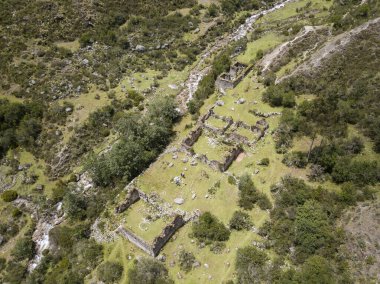 Aerial view of landscapes of Chupani village in middle of the Peruvian Andes. Small community in the Sacred Valley with some ruins and river.