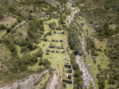 Aerial view of landscapes of Chupani village in middle of the Peruvian Andes. Small community in the Sacred Valley with some ruins and river.