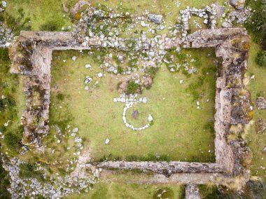 Aerial view of landscapes of Chupani village in middle of the Peruvian Andes. Small community in the Sacred Valley with some ruins and river.