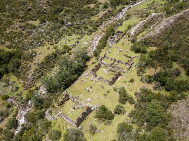 Aerial view of landscapes of Chupani village in middle of the Peruvian Andes. Small community in the Sacred Valley with some ruins and river.