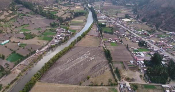 Aerial View Rural Fields Calca City Sacred Valley Cusco Peru — Stockvideo