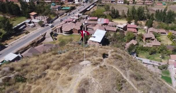 Aerial View Peruvian Flag Urubamba Valley Cusco Peru Sacred Valley — Stockvideo