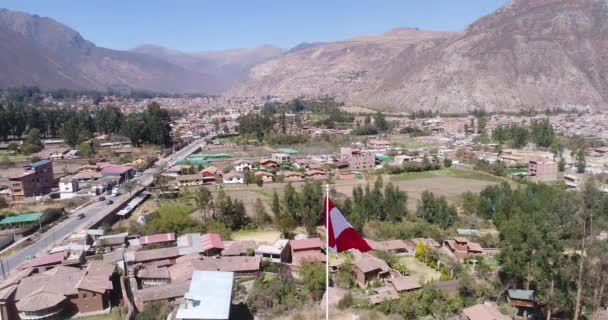 Aerial View Peruvian Flag Urubamba Valley Cusco Peru Sacred Valley — 图库视频影像