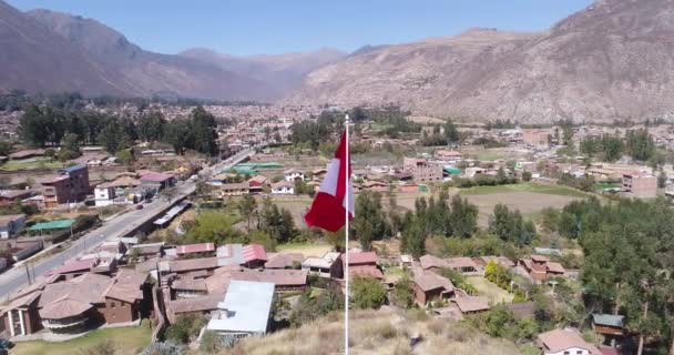 Aerial View Peruvian Flag Urubamba Valley Cusco Peru Sacred Valley — Stock video
