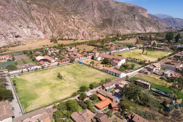 Aerial view of a Yucay village, in the countryside of Cusco Peru. One important town in Sacred Valley.