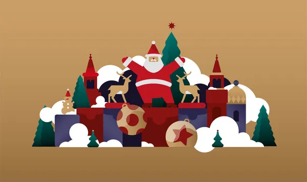 Composição Natal Com Papai Noel Brinquedos Presentes Árvores Natal Veados — Vetor de Stock