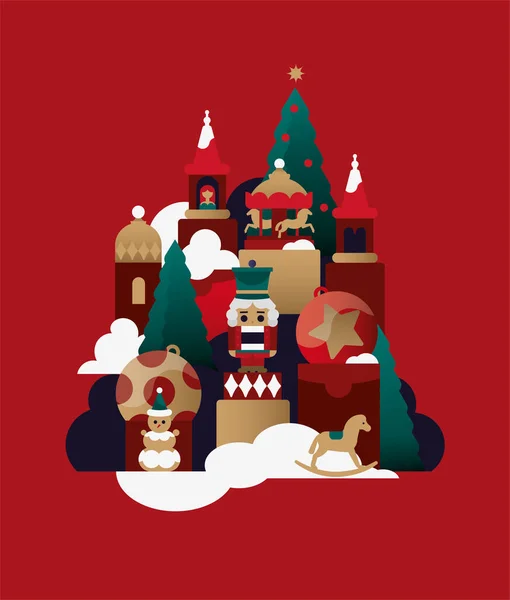 Composição Ano Novo Com Quebra Nozes Brinquedos Presentes Árvores Natal — Vetor de Stock