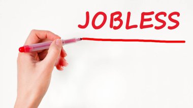 Sol elle yazma yazma işsizliği kırmızı renk kalemi, konsept, stok resim