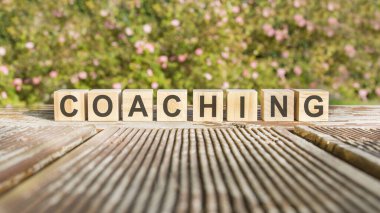 Koçluk kelimesi tahta küplere yazılmıştır. Taşlar güneş tarafından aydınlatılan eski bir tahta üzerine konur. Arka planda parlak çiçek açan bir çalı var.