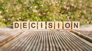 Karar verme kelimesi ahşap küplere yazılır. Taşlar güneş tarafından aydınlatılan eski bir tahta üzerine konur. Arka planda parlak çiçek açan bir çalı var.