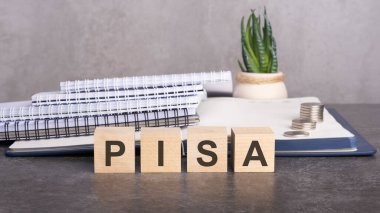 Gri arka planda tahta küplere yazılmış PISA metni. Tahta elementlere yakın çekim. Arka planda küvette yeşil bir çiçek, yazmak için kağıt defterler ve tabletler var.