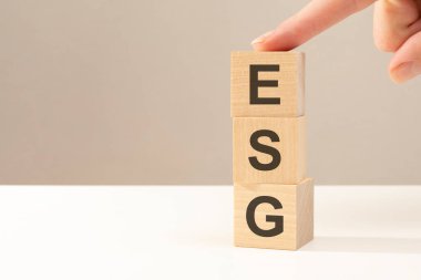 Bu el, ESG harfinin yanına tahta bir küp koyuyor. Çevresel Sosyal Yönetim 'in kısaltması. İş konsepti. Soldaki metin için boşluk. ön görünüm